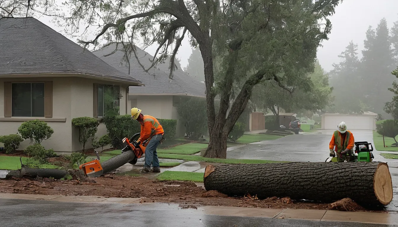 A local provider's crew safely clearing a fallen tree from a Roseville driveway after a storm