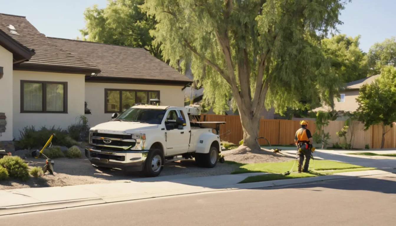 Independent tree provider crew safely lowering a section of a large tree beside a stucco ranch home in Roseville